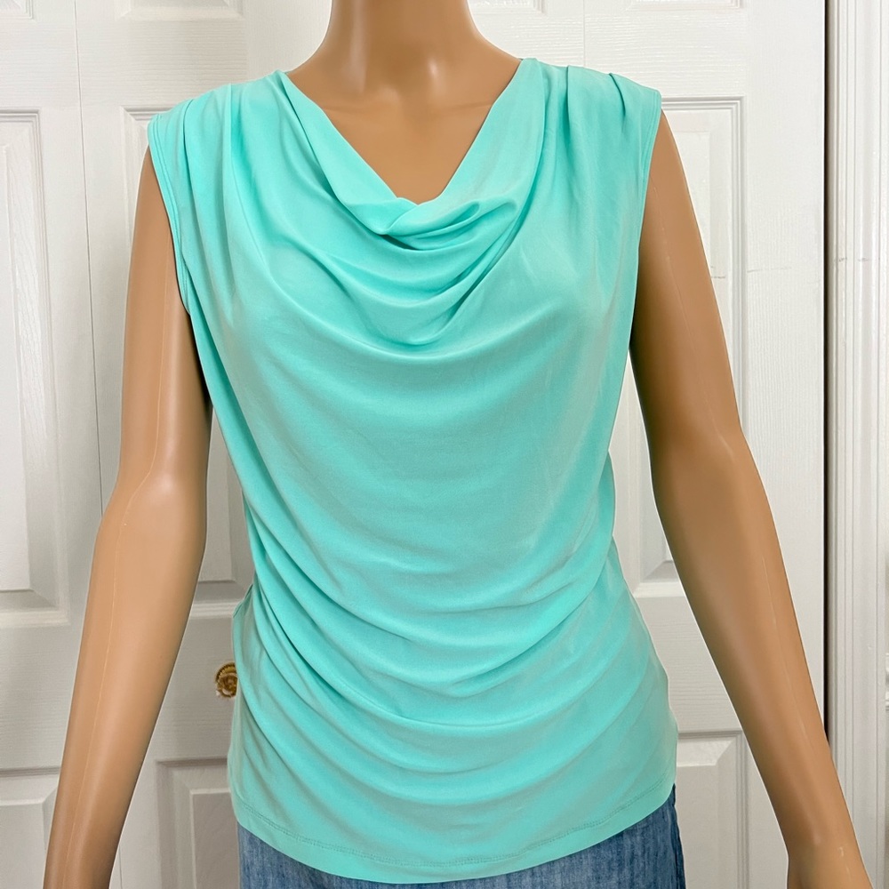 NWT DRESS BARN SIZE S Aqua Blue Drape Neck Top
